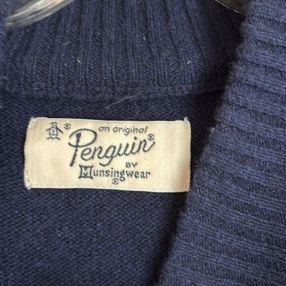 Penguin Dark Blue V-Neck Lambs wool Sweater Geometric Elbow Patch grandpa XL GUC - Picture 4 of 7